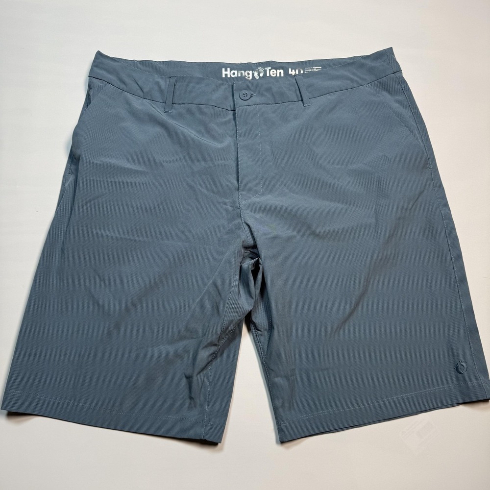 Hang Ten Shorts Mens 40 Blue Micro Check Chino Stretch Adjustable Waist Casual